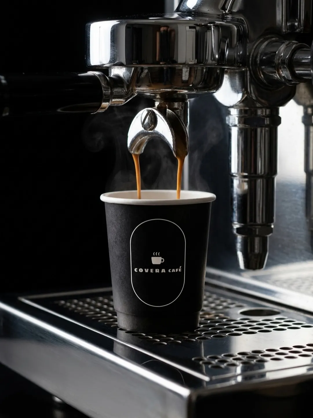 Espresso pouring into a black Covera Cafe cup on the espresso machine